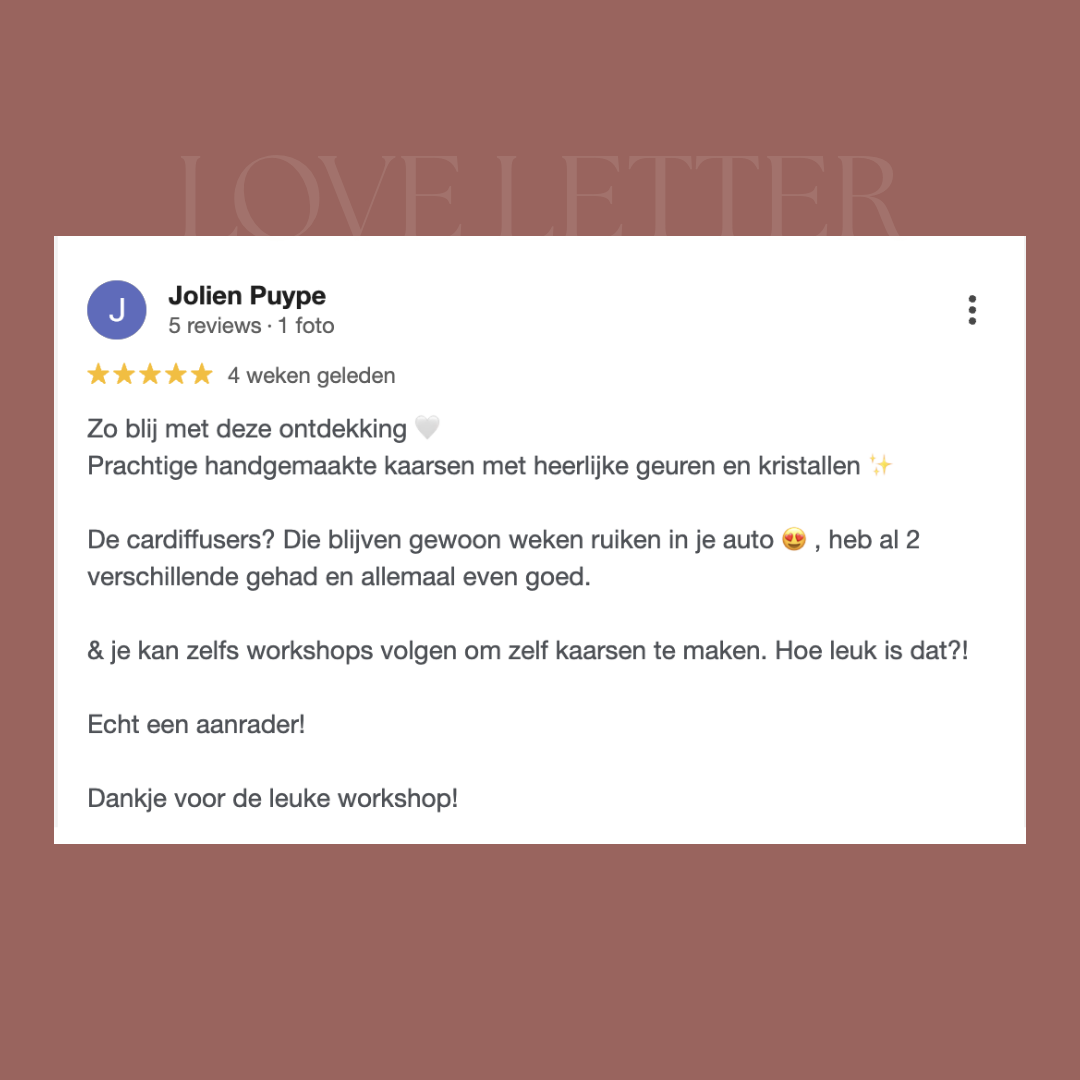 Google review van een deelneemster aan de workshop kaarsen maken